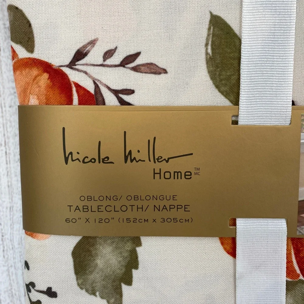 Nicole Miller Home Tablecloth 60x120 Cream Orange Pumpkin Fall Harvest Autumn